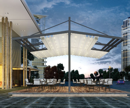 nowoczesne zadaszenie ogródka gastronomicznego, pergola z ruchomym dachem, zadaszenie ruchome, oświetlenie LED, nowoczesna pergola aluminiowa