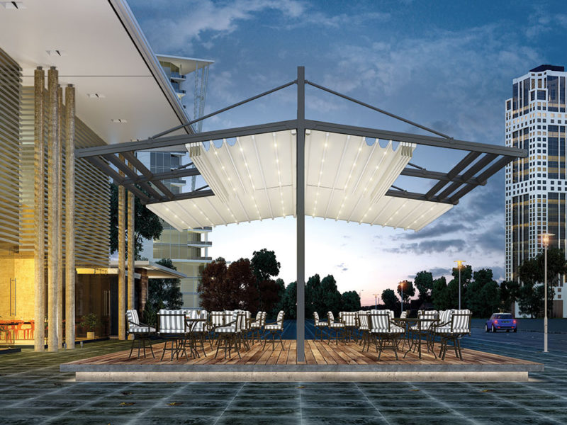 nowoczesne zadaszenie ogródka gastronomicznego, pergola z ruchomym dachem, zadaszenie ruchome, oświetlenie LED, nowoczesna pergola aluminiowa