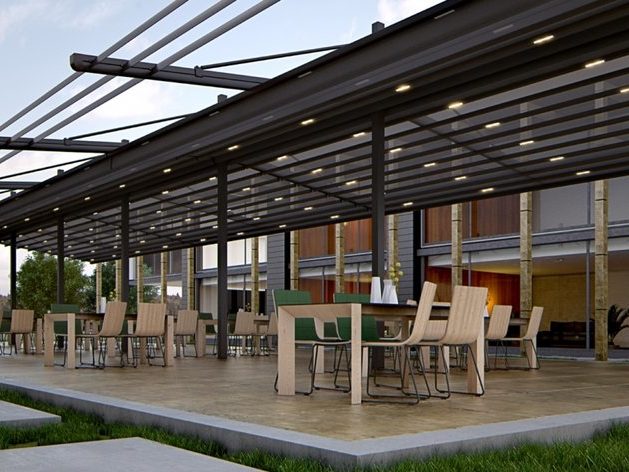 nowoczesne zadaszenie ogródka gastronomicznego, pergola z ruchomym dachem, zadaszenie ruchome, oświetlenie LED, nowoczesna pergola aluminiowa