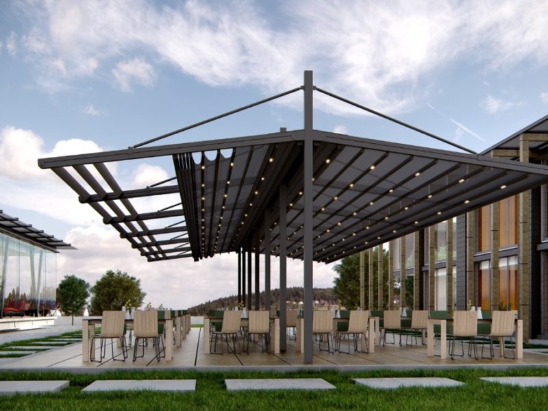 nowoczesne zadaszenie ogródka gastronomicznego, pergola z ruchomym dachem, zadaszenie ruchome, oświetlenie LED, nowoczesna pergola aluminiowa