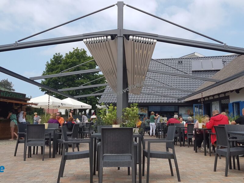 nowoczesne zadaszenie ogródka gastronomicznego, pergola z ruchomym dachem, zadaszenie ruchome, oświetlenie LED, nowoczesna pergola aluminiowa