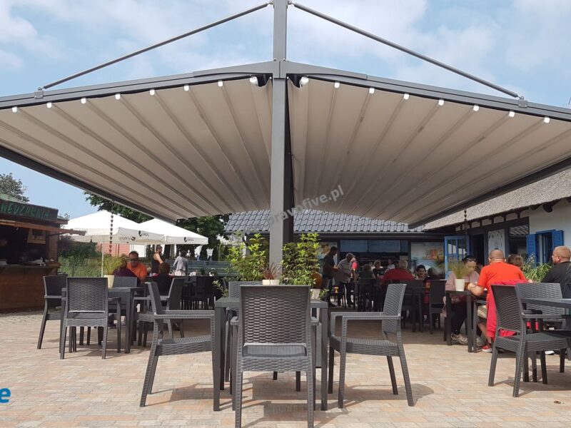 nowoczesne zadaszenie ogródka gastronomicznego, pergola z ruchomym dachem, zadaszenie ruchome, oświetlenie LED, nowoczesna pergola aluminiowa